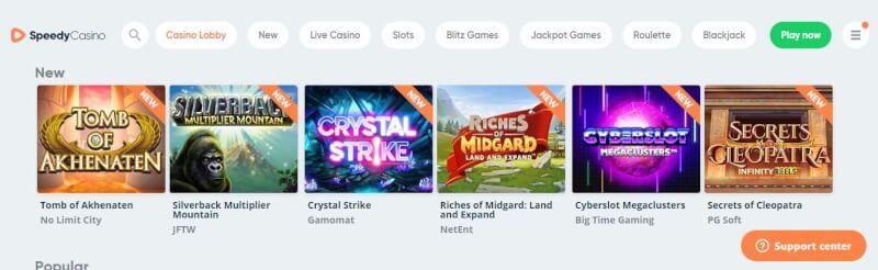 speedy casino lobby offers casino games and quick deposit option using Trustly payment method-logo