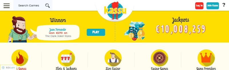 kassu casino lobby offers slots and jackpots, kasyno w czasie rzeczywistym, all casino games and filtering options by game providers-logo