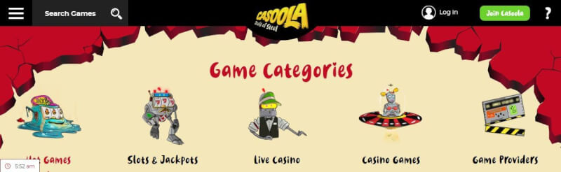 casoola lobby provides slots and jackpots, kasyno na żywo, various casino games and filters by game providers-logo