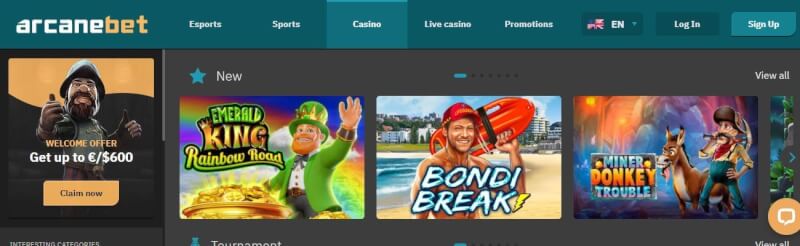 arcanebet homepage offers casino games, first deposit bonus and promotions for brand new players-logo