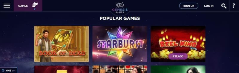 genesis casino lobby offers well-known games like starburst and guide of lifeless, in addition bonus offers are present from menu-logo