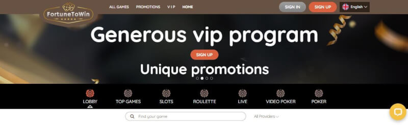 fortunetowin website offers gambling games, dodatek do pierwszej wpłaty i kampanie dla zupełnie nowych graczy-logo