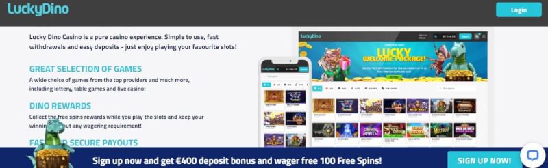 Luckydino casino lobby with slots and gambling games, register and acquire first deposit bonus-logo