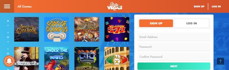 slottyvegas casino lobby offers different casino games, enrollment choices and extra offers-logo