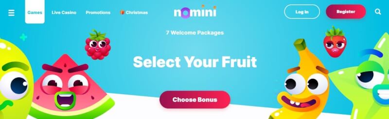 nomini casino homepage offers casino games, very first deposit extra and offers for new players-logo