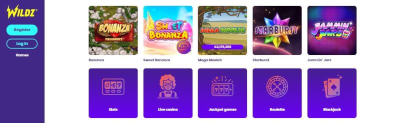Wildz Casino features a simple yet nice lobby where you can quickly find your way around. The campaigns, like the welcome bonus-logo
