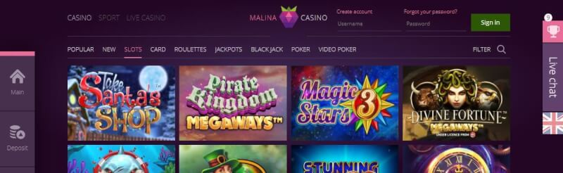 malina casino website offers casino games and promotions for new players-logo