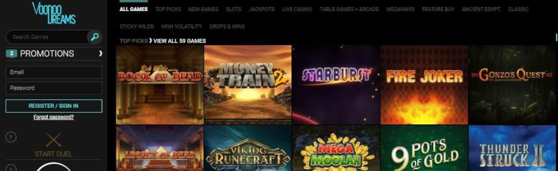 voodoo dreams website offers casino games, dodatek do pierwszej wpłaty i promocje dla nowych graczy-logo
