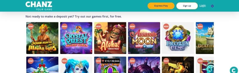 Chanz Casino Lobby is full of slot machines, live casino and bonus offers-logo